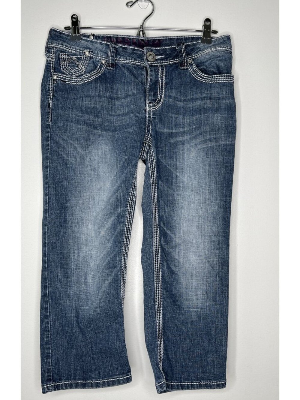 Y2K Hydraulic Gramercy Size 9 10 Blue Low Rise Embroidered Pockets Denim Capris